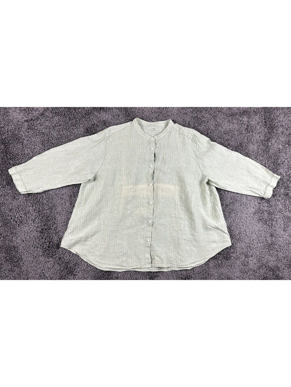 Womens XL Sage Green Stripe 100% Linen Band Collar Casual Top Blouse Shirt
